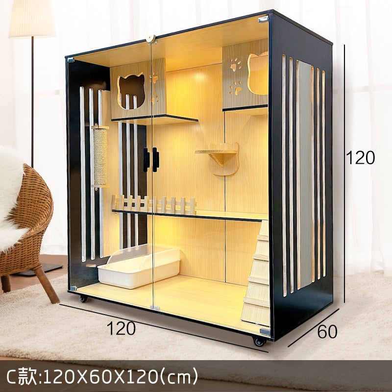 Solid Wood Cat Villa  Cat Cage Super Large Luxury Cat House 3C Grade Glass Door