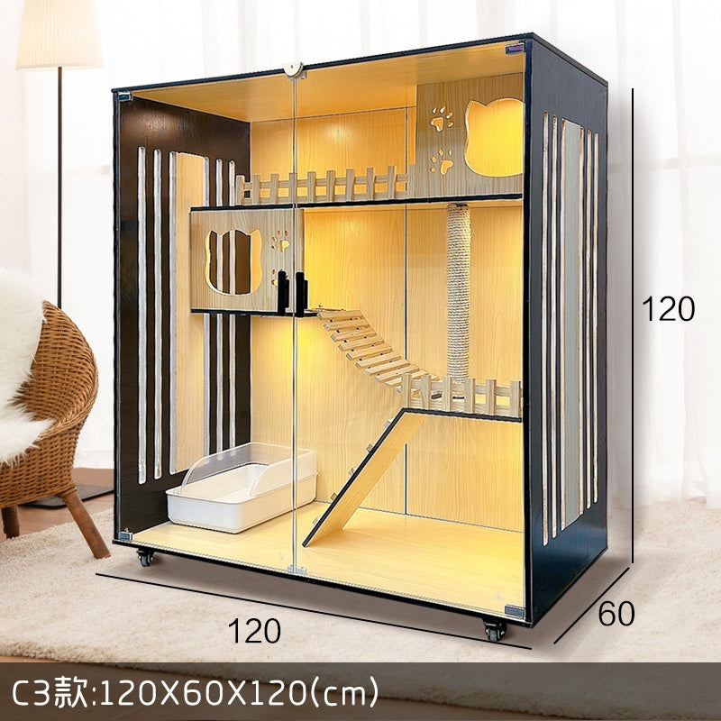 Solid Wood Cat Villa  Cat Cage Super Large Luxury Cat House 3C Grade Glass Door