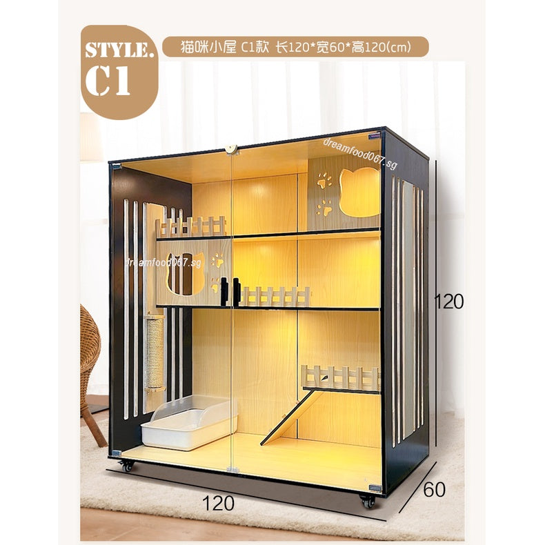 Solid Wood Cat Villa  Cat Cage Super Large Luxury Cat House 3C Grade Glass Door