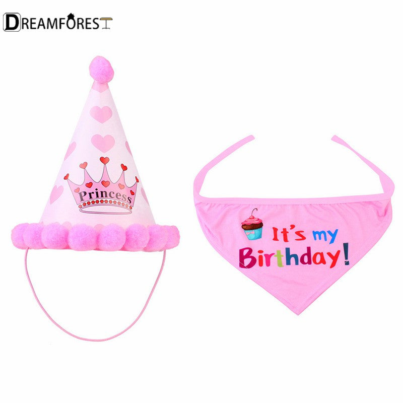 DF Cute Dog Birthday Hat Scarf Set Kawaii Doggie Birthday Party Decorations Pet Supplies