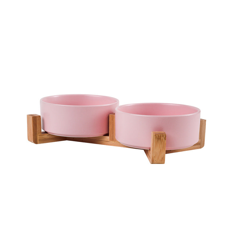 Cat bowl ceramic double bowl water bowl one wooden frame protection cervical vertebra high foot dog bowl food bowl drinking bowl matte pet bowl