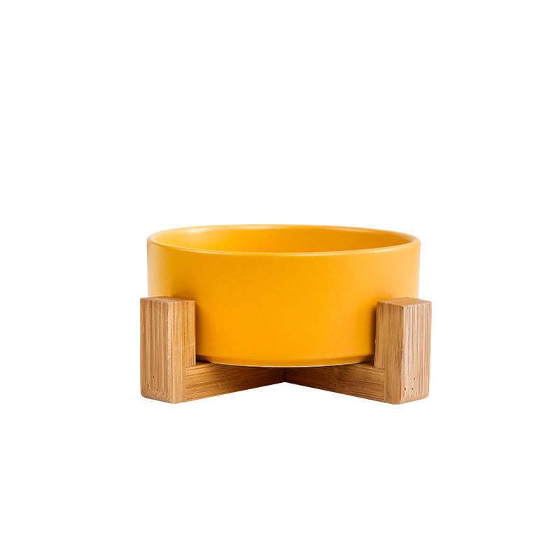 Cat bowl ceramic double bowl water bowl one wooden frame protection cervical vertebra high foot dog bowl food bowl drinking bowl matte pet bowl