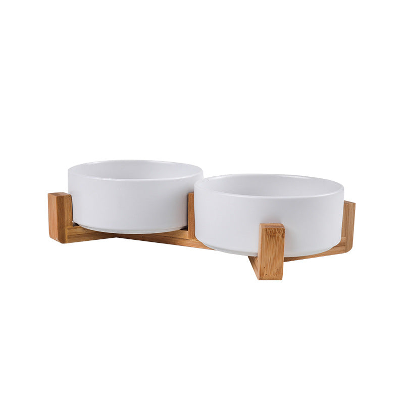 Cat bowl ceramic double bowl water bowl one wooden frame protection cervical vertebra high foot dog bowl food bowl drinking bowl matte pet bowl