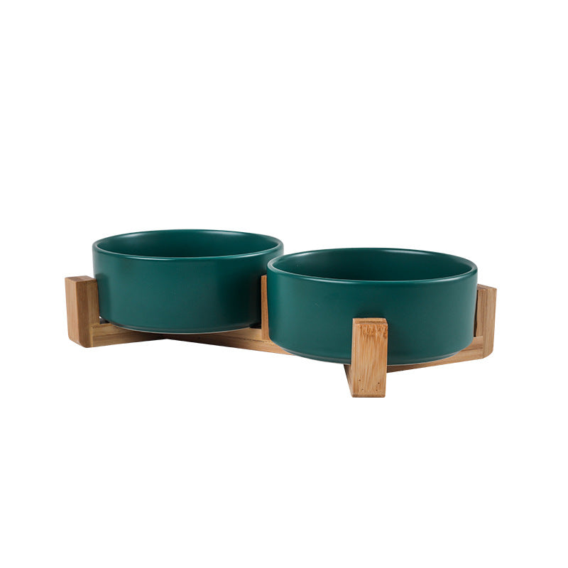 Cat bowl ceramic double bowl water bowl one wooden frame protection cervical vertebra high foot dog bowl food bowl drinking bowl matte pet bowl