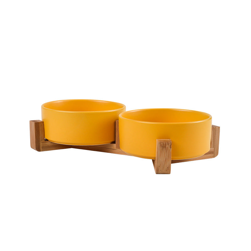 Cat bowl ceramic double bowl water bowl one wooden frame protection cervical vertebra high foot dog bowl food bowl drinking bowl matte pet bowl