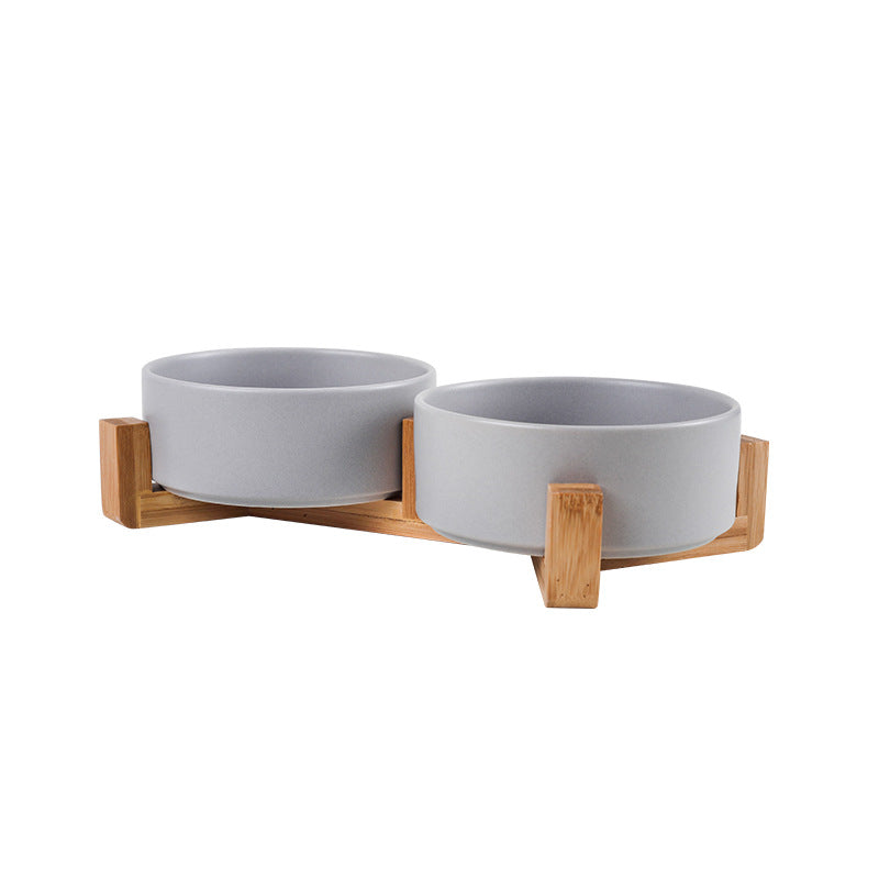 Cat bowl ceramic double bowl water bowl one wooden frame protection cervical vertebra high foot dog bowl food bowl drinking bowl matte pet bowl