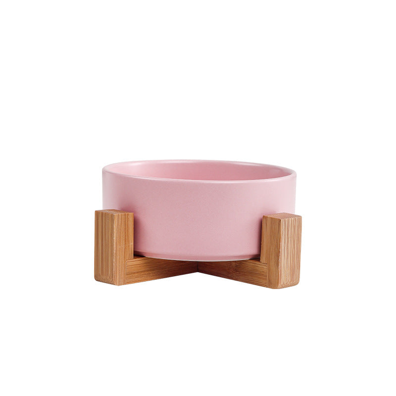 Cat bowl ceramic double bowl water bowl one wooden frame protection cervical vertebra high foot dog bowl food bowl drinking bowl matte pet bowl