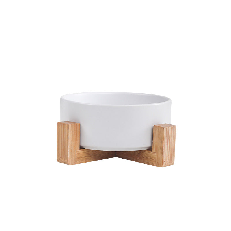 Cat bowl ceramic double bowl water bowl one wooden frame protection cervical vertebra high foot dog bowl food bowl drinking bowl matte pet bowl