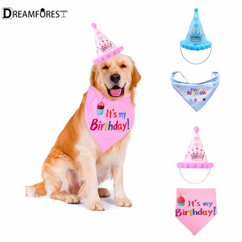 DF Cute Dog Birthday Hat Scarf Set Kawaii Doggie Birthday Party Decorations Pet Supplies