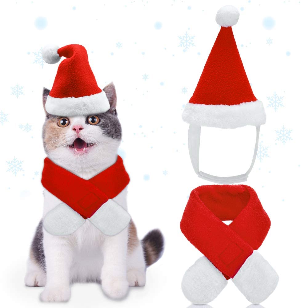 2 Pieces Christmas Pet Dog Santa Hat Pet Santa Scarf for Pet Dogs Cats Dressing Up Supplies Cute Santa Hat & Scarf Xmas Red Costume Suit