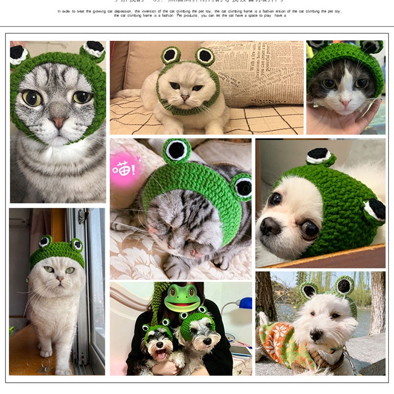 Pet Cartoon Knitted Cat and Dog Hat Cute Frog Shape Headwear