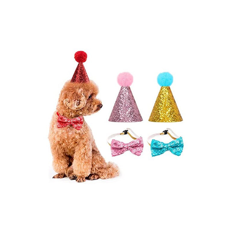 Dog Cat Birthday Hat and Bowtie Pet Adjustable Collar and Hat Crown puppy headwear(Suitbale for Little Baby)