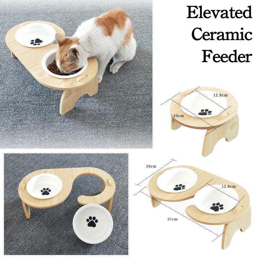 ⭐ ELEVATED FEEDER ⭐ Elevated Double Ceramic Bowl Pet Feeder Wooden Cat Dog Kitten Puppy Pet food water feeder bowl