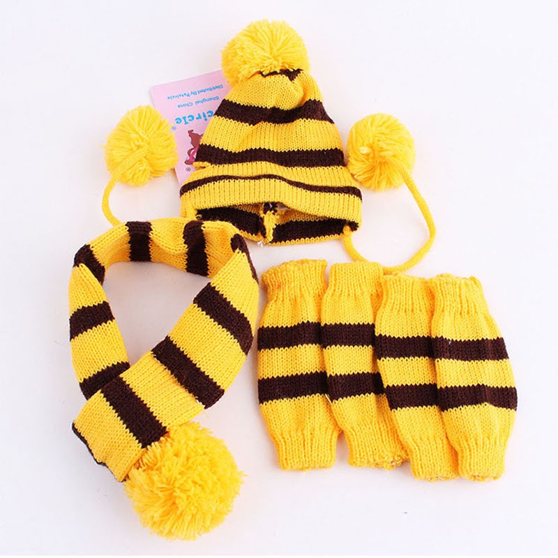 Winter Warm Stripe Knitted Pet Dog Hat+Scarf+Socks Costume