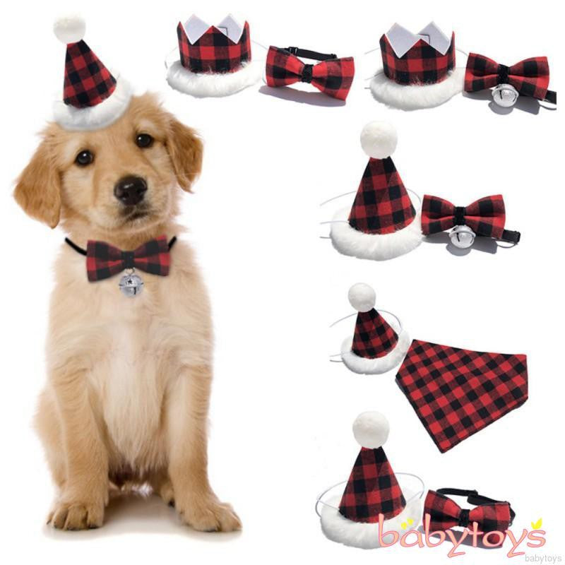 2PCS Christmas Hats for Dog Cat Pet Xmas Holiday Costume Santa Hat+Bowknot  Outfit Pets Accessories