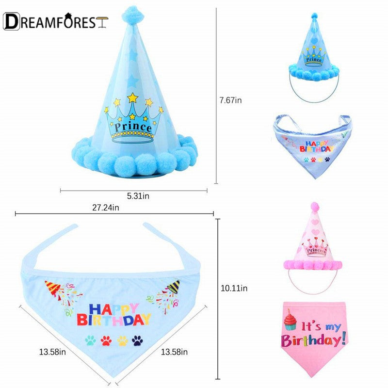 DF Cute Dog Birthday Hat Scarf Set Kawaii Doggie Birthday Party Decorations Pet Supplies