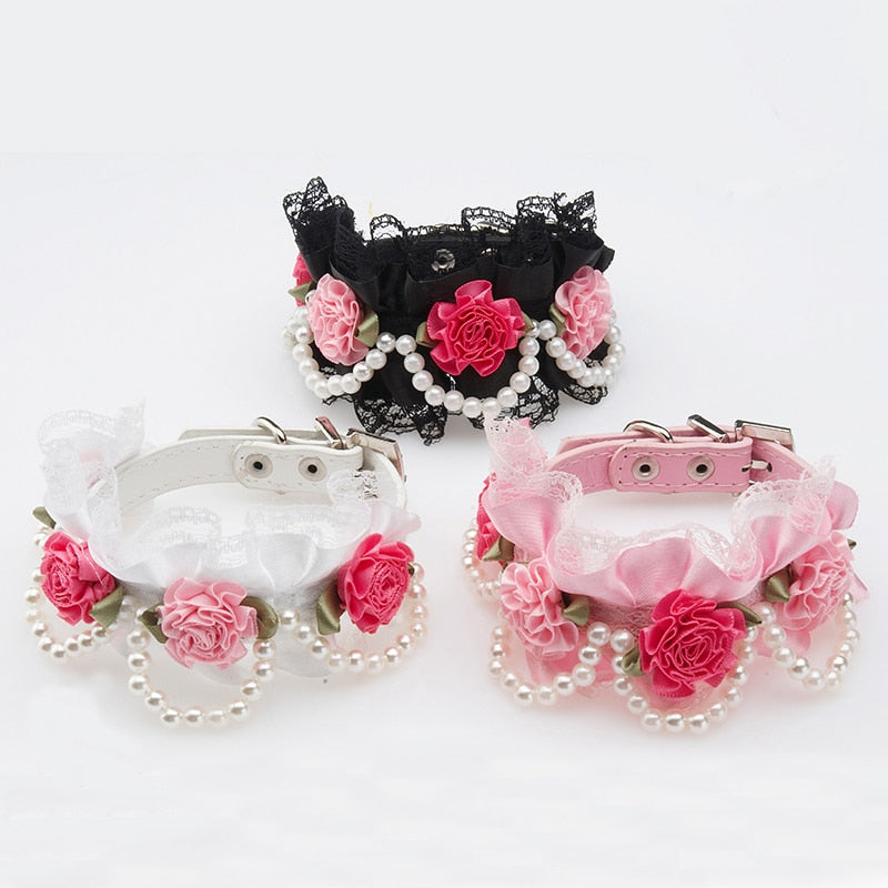 Fancy Dog Pet Collar Leather with Crystal Rhinestone Buckle Design Rose Lace Pearl Collar for Small Medium Dogs Pink White 40E