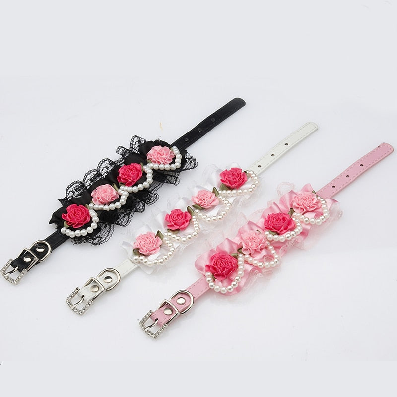 Fancy Dog Pet Collar Leather with Crystal Rhinestone Buckle Design Rose Lace Pearl Collar for Small Medium Dogs Pink White 40E