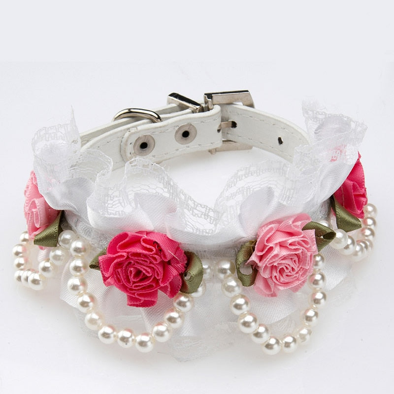 Fancy Dog Pet Collar Leather with Crystal Rhinestone Buckle Design Rose Lace Pearl Collar for Small Medium Dogs Pink White 40E