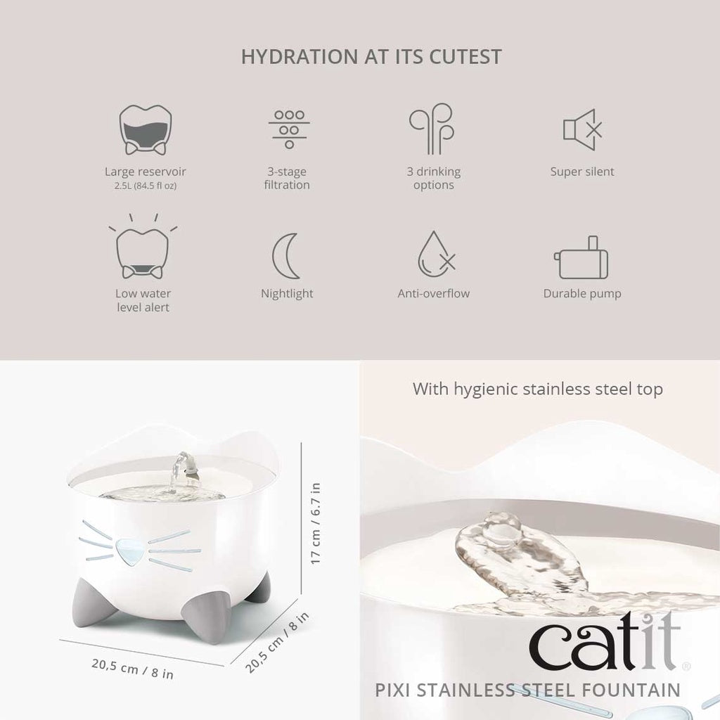 NEW! Catit Catit PIXI Stainless Steel Fountain 2.5L for Cat