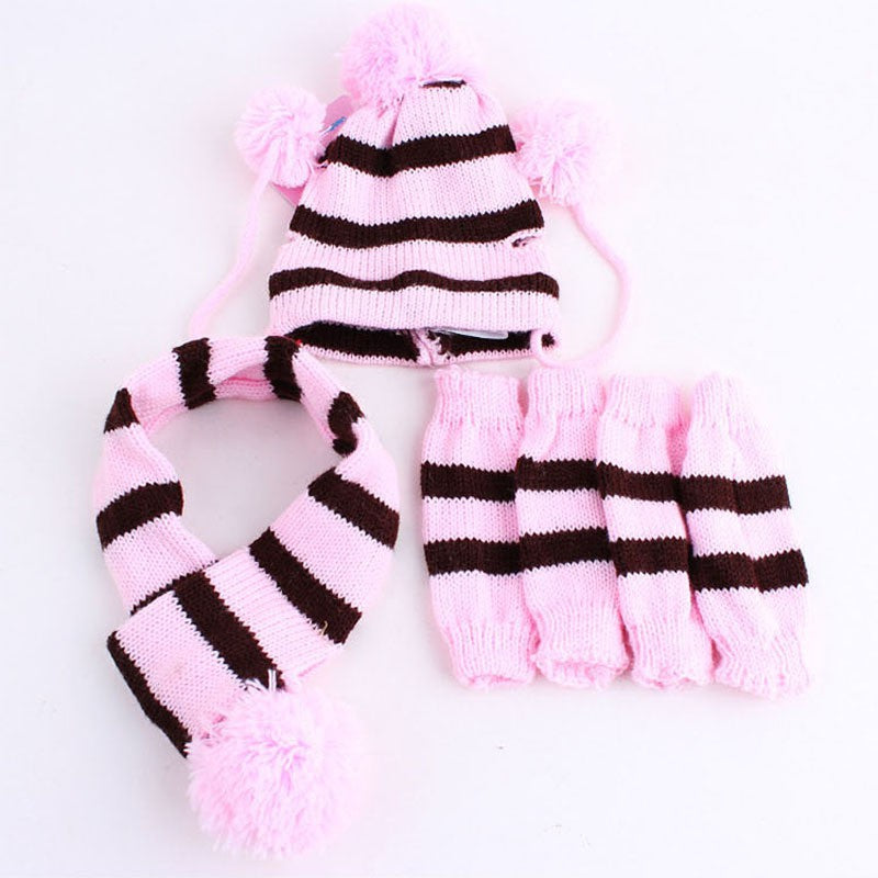 Winter Warm Stripe Knitted Pet Dog Hat+Scarf+Socks Costume