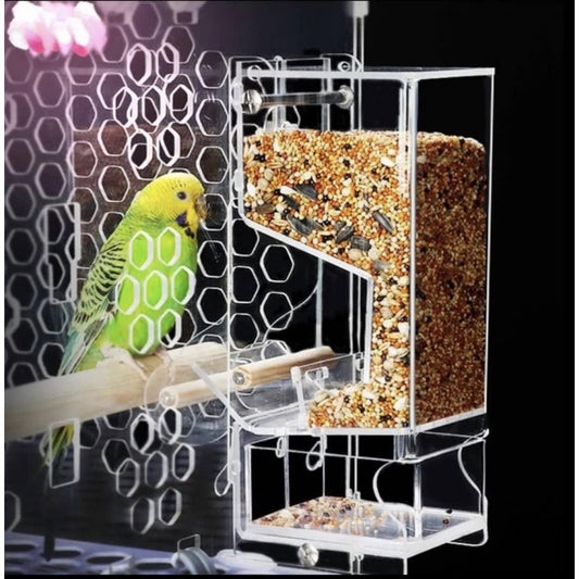 Bird auto feeder. Top refill. Food seed are dispense into the bottom container. Parrot toys. Parrot food dispenser.