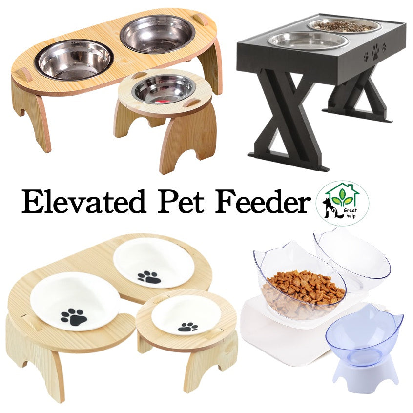 ⭐ ELEVATED FEEDER ⭐ Elevated Double Ceramic Bowl Pet Feeder Wooden Cat Dog Kitten Puppy Pet food water feeder bowl