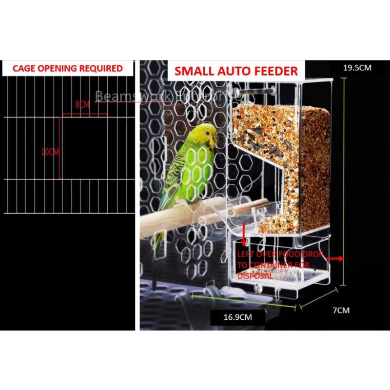 Bird auto feeder. Top refill. Food seed are dispense into the bottom container. Parrot toys. Parrot food dispenser.