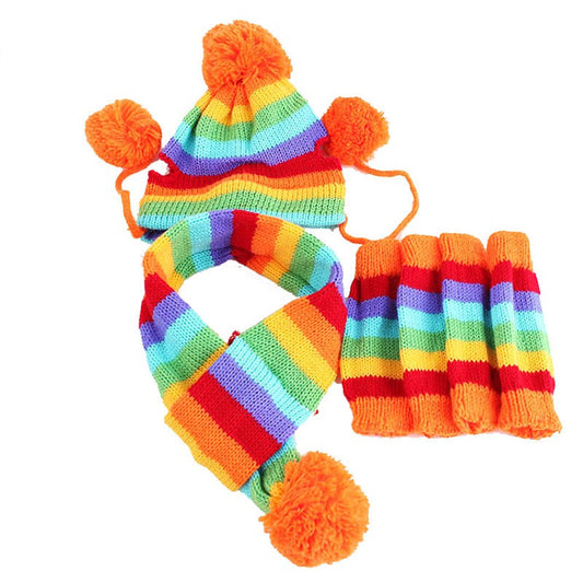 Winter Warm Stripe Knitted Pet Dog Hat+Scarf+Socks Costume