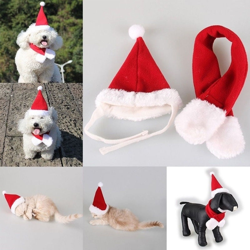 2 Pieces Christmas Pet Dog Santa Hat Pet Santa Scarf for Pet Dogs Cats Dressing Up Supplies Cute Santa Hat & Scarf Xmas Red Costume Suit