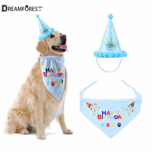 DF Cute Dog Birthday Hat Scarf Set Kawaii Doggie Birthday Party Decorations Pet Supplies