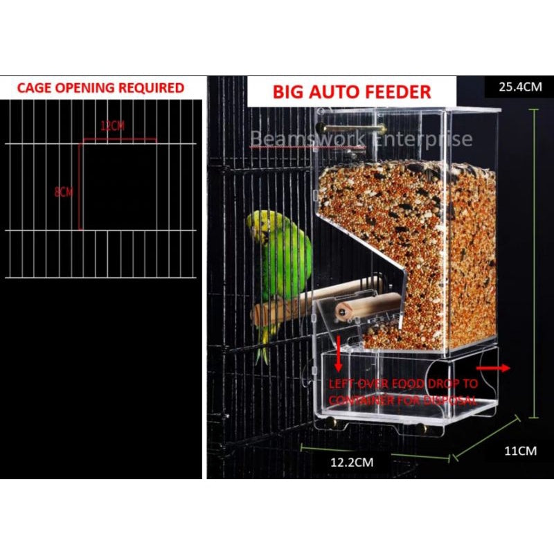 Bird auto feeder. Top refill. Food seed are dispense into the bottom container. Parrot toys. Parrot food dispenser.